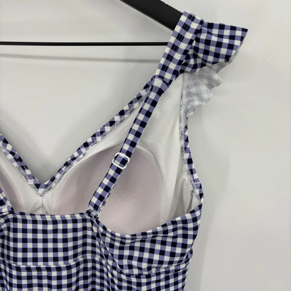 Kona Sol One‎ Piece Swimsuit Womens 16W Navy Blue Gingham Ruffle V-Neck Vacation